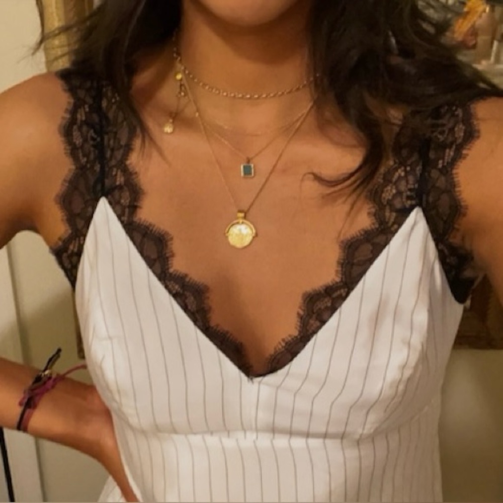 All Saints Satin White and Black Lace Trim Top